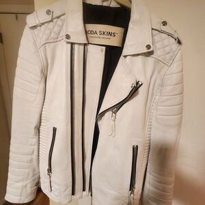 White Leather Motorcycle Jacket with Quilted Sleeves